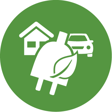Icon mit einem Haus, einem Auto und einem Stecker mit Blatt. Steht für die Kombi aus Haushalts- und Ladestrom.