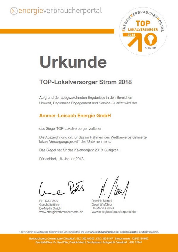 Urkunde für die Ammer-Loisach Energie GmbH als TOP-Lokalversorger Strom 2018.